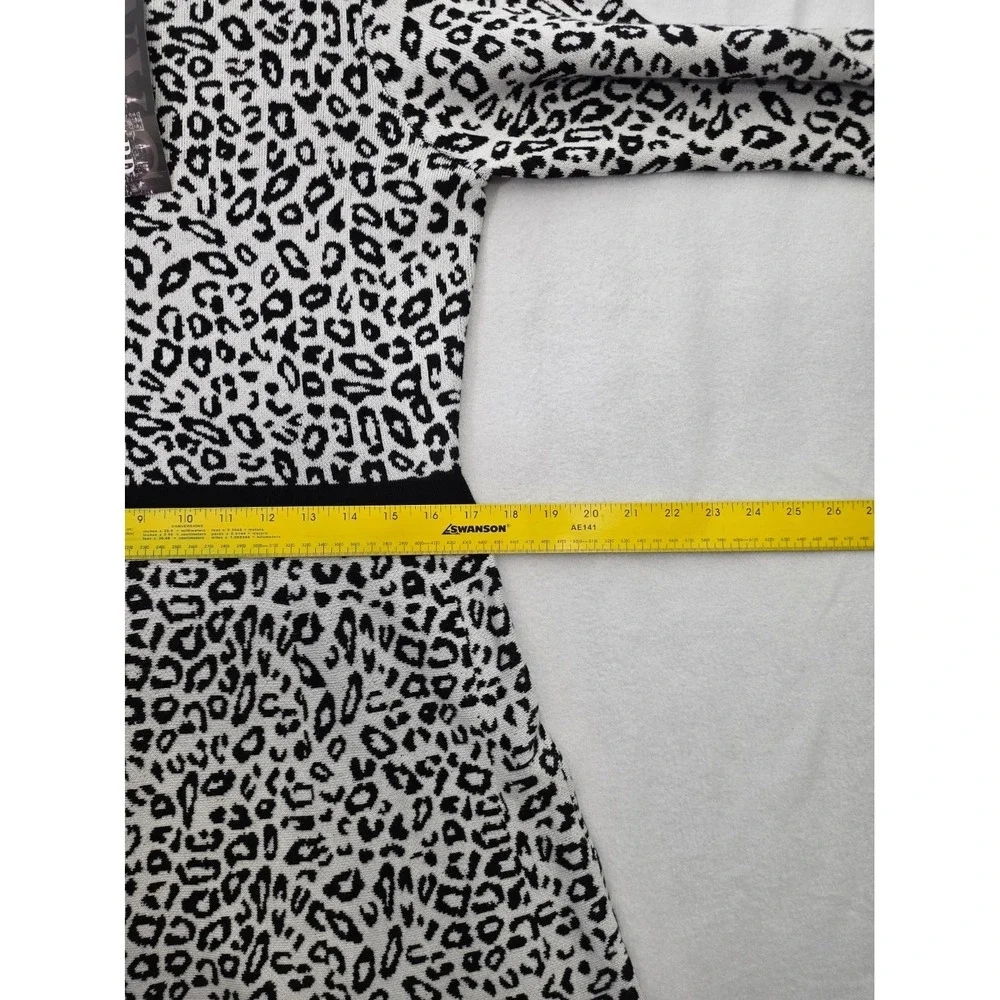 Nina Leonard Leopard Print A-Line Dress L Black White Rayon Knit Animal Print